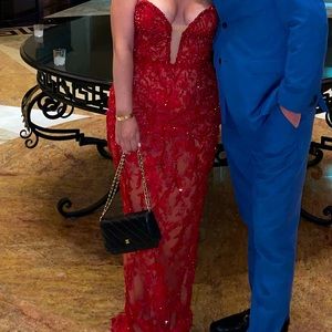 Custom Albina Dyla Red Hand Beaded Evening Gown